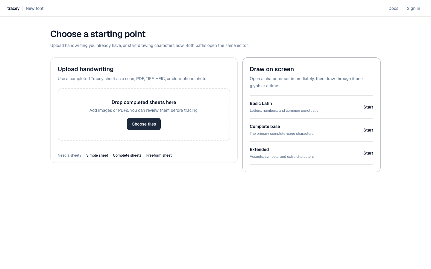 Tracey’s starting screen, with separate options to upload handwriting or draw characters directly.