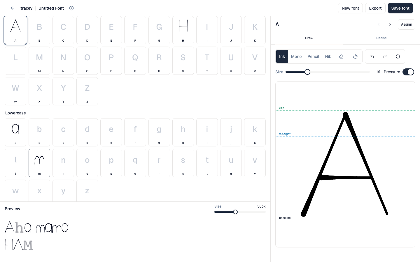 Tracey’s direct-drawing editor with four example characters, a character grid, live specimen, and drawing canvas.