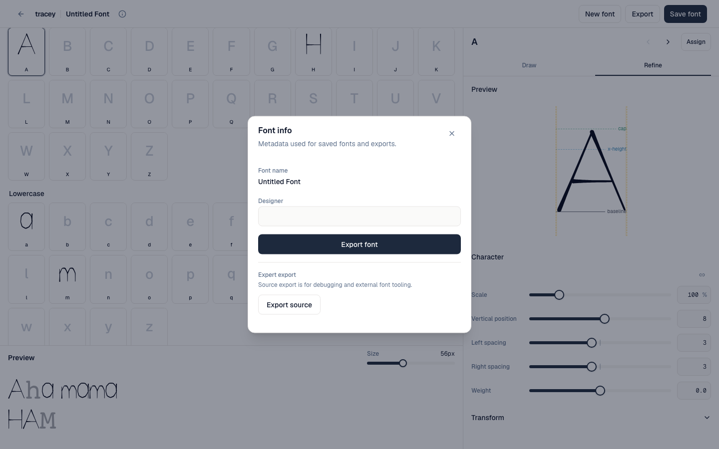 Tracey’s Font info dialog with font name, designer, OTF export, and expert source export controls.