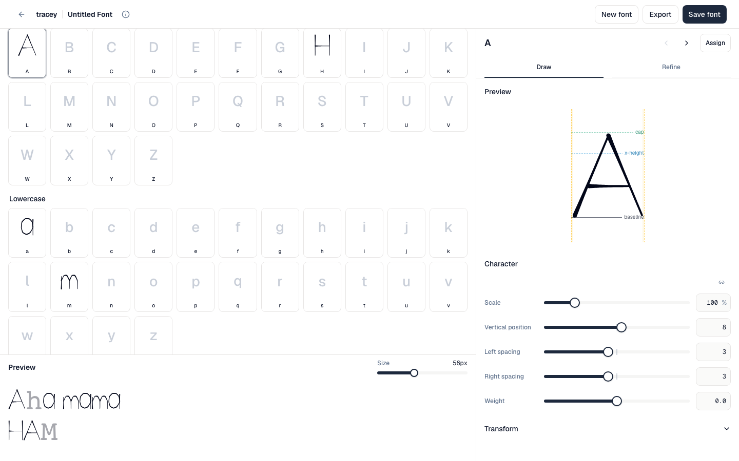 Tracey’s Refine tab for an example capital A, with scale, baseline, spacing, skew, and weight controls beside the live specimen.